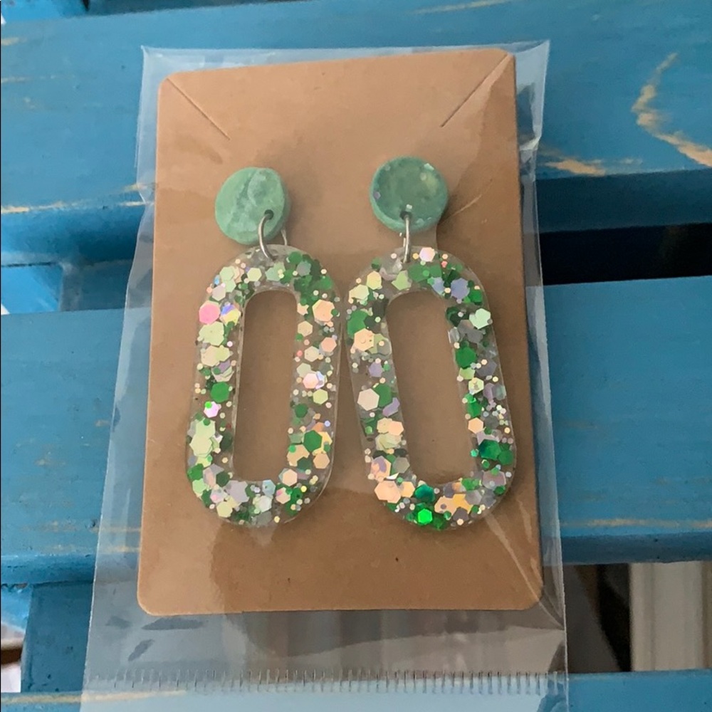 Green and silver dangle earrings. Homemade